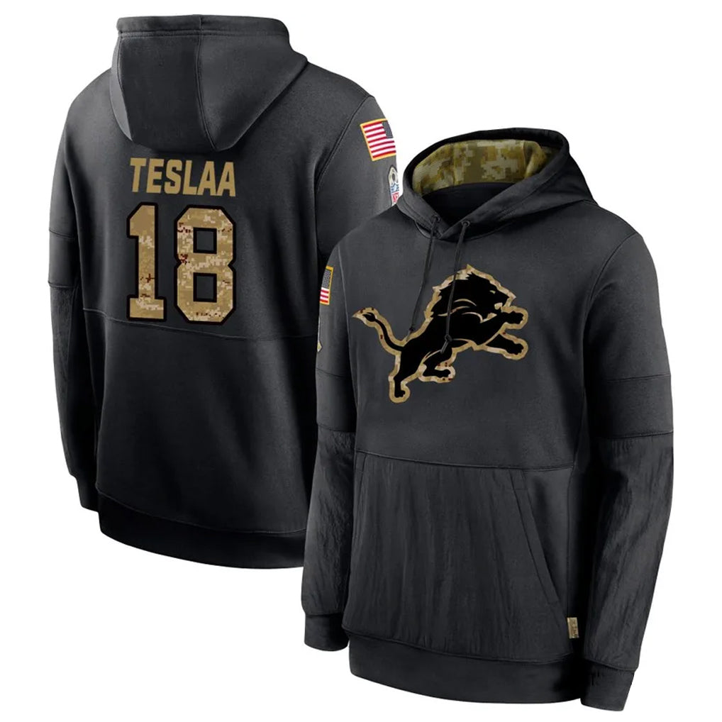 D.Lions #18 Isaac TeSlaa Player Black Salute to Service Hoodies Football Jerseys