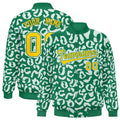 Custom Kelly Green White Varsity Full-Snap Leopard Print Graffiti Pattern Letterman Baseball Jacket
