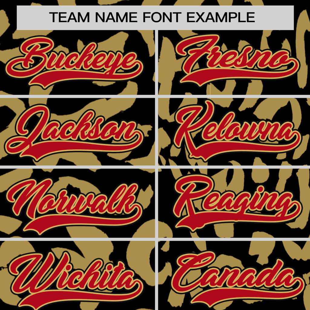Custom Black Old Gold Varsity Full-Snap Leopard Print Graffiti Pattern Letterman Baseball Jacket