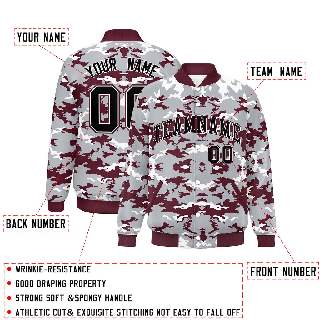 Custom Gray Crimson-White Varsity Full-Snap Camo Letterman Jacket