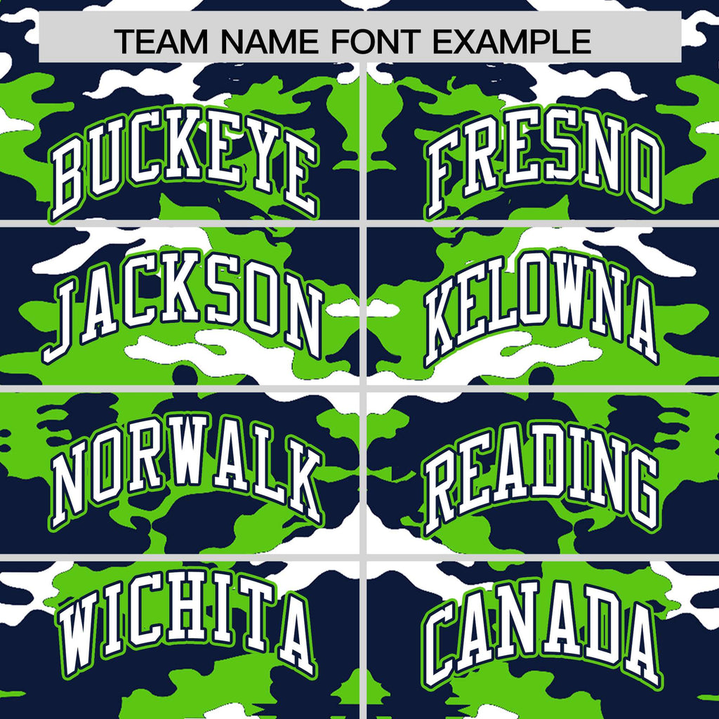 Custom Navy Neon Green-White Varsity Full-Snap Camo Letterman Jacket