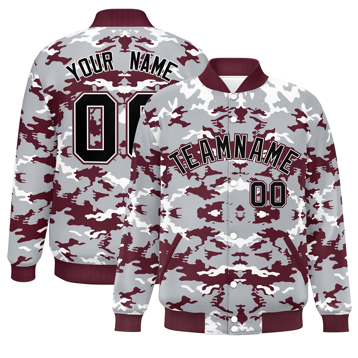 Custom Gray Crimson-White Varsity Full-Snap Camo Letterman Jacket