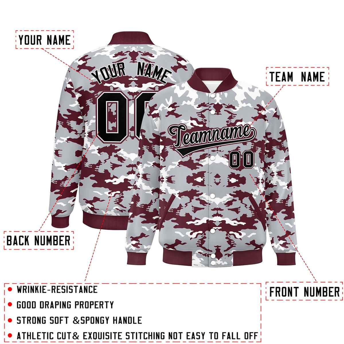 Custom Gray Crimson-White Varsity Full-Snap Camo Letterman Jacket