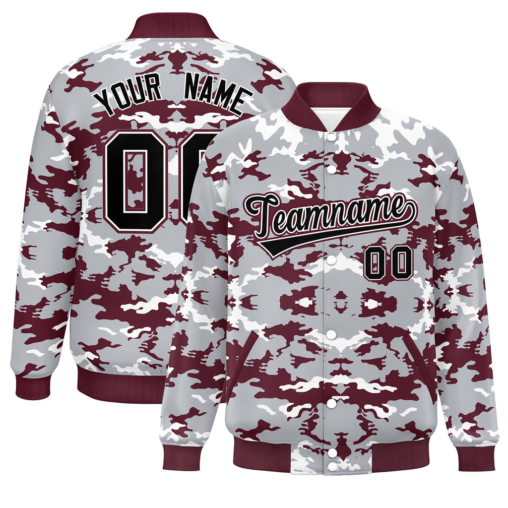 Custom Gray Crimson-White Varsity Full-Snap Camo Letterman Jacket