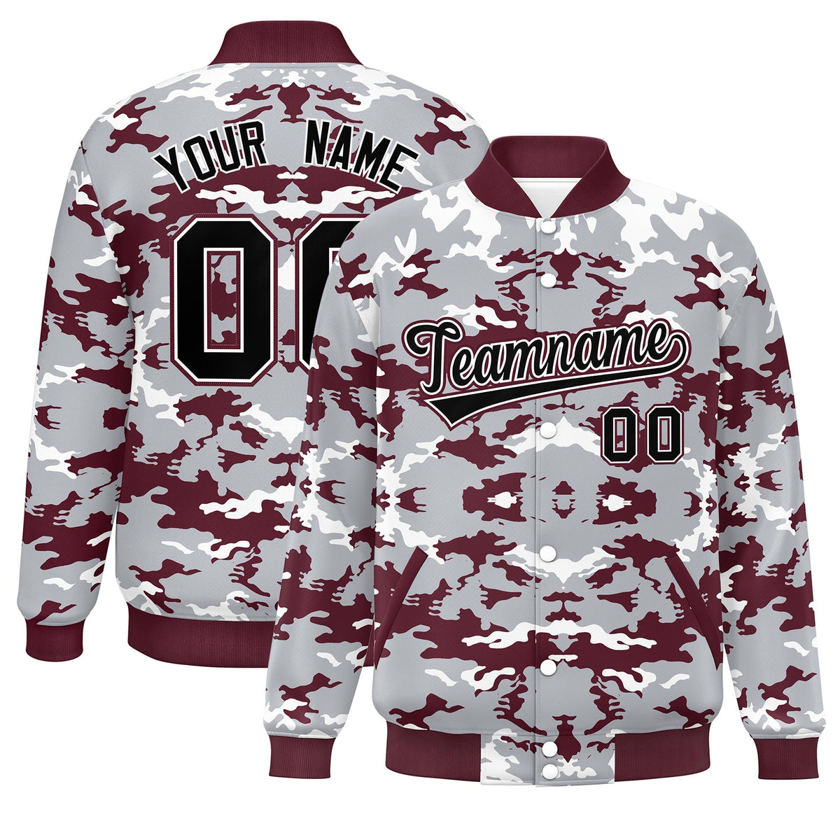 Custom Gray Crimson-White Varsity Full-Snap Camo Letterman Jacket