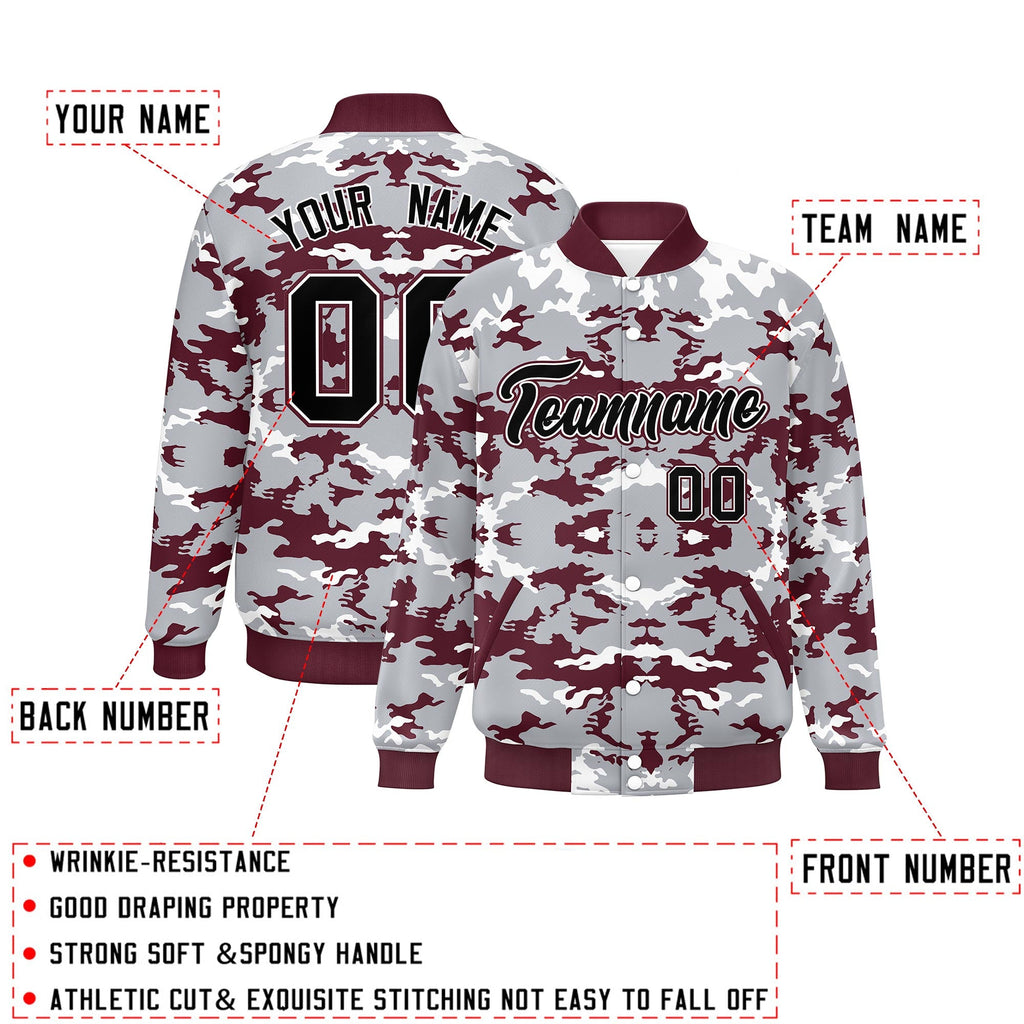 Custom Gray Crimson-White Varsity Full-Snap Camo Letterman Jacket