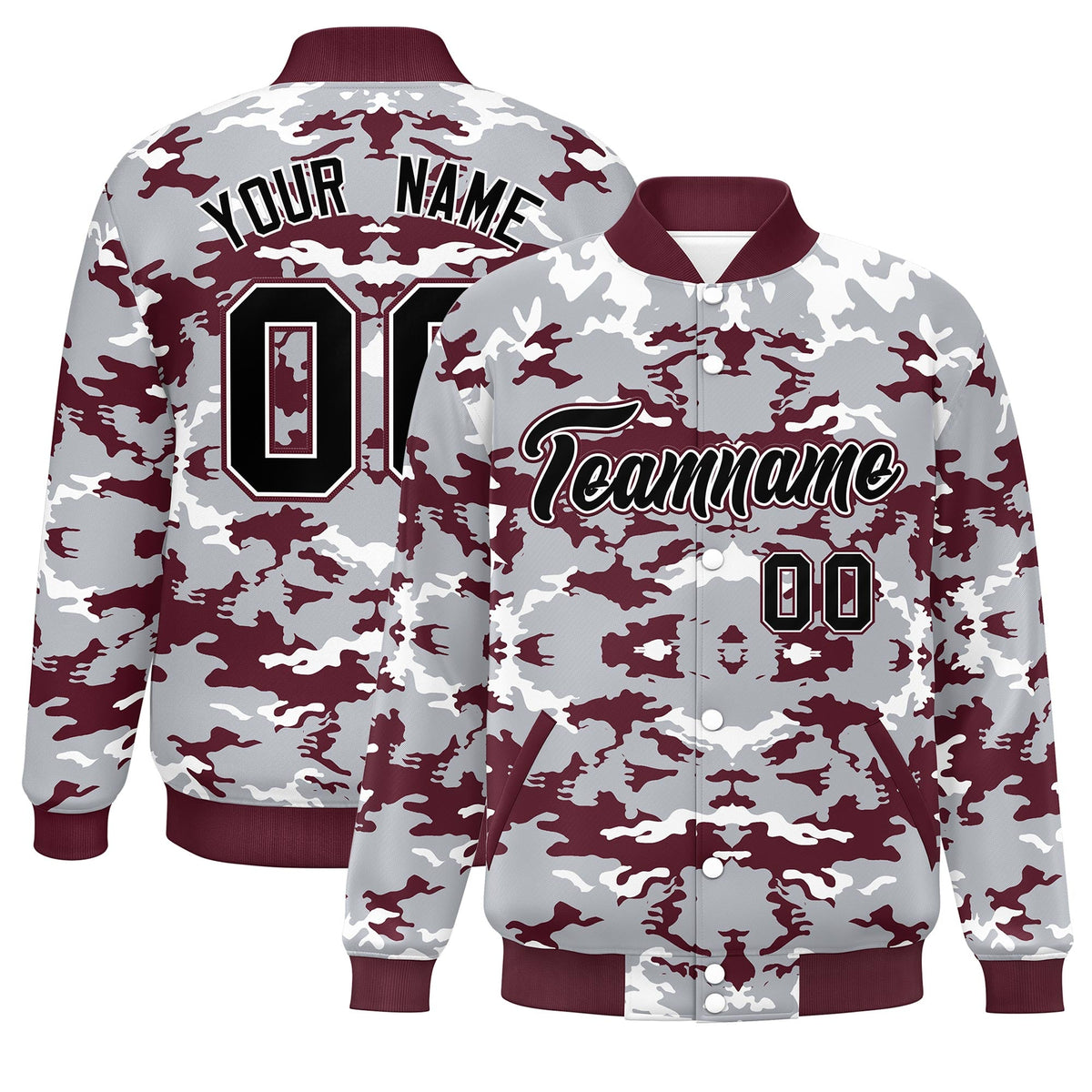 Custom Gray Crimson-White Varsity Full-Snap Camo Letterman Jacket