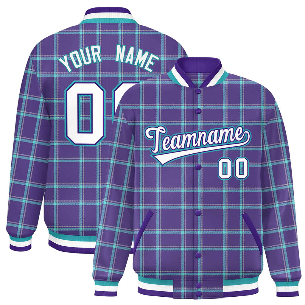 Custom Purple Varsity Full-Snap Plaid Pattern Letterman Baseball Jacket