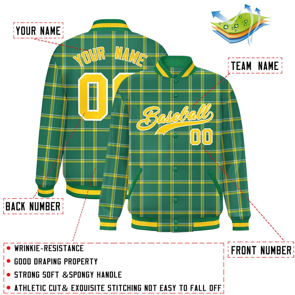 Custom Kelly Green Varsity Full-Snap Plaid Pattern Letterman Baseball Jacket
