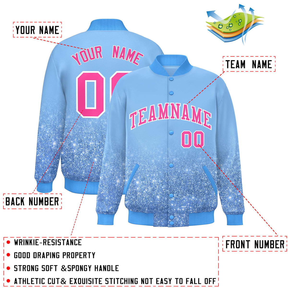 Custom Light Blue Varsity Full-Snap Sparkle-Effect Pattern Letterman Baseball Jacket