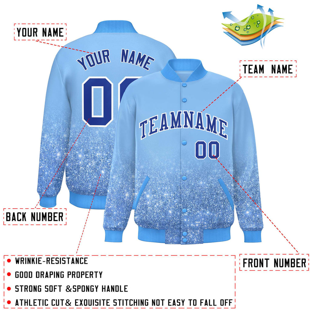 Custom Light Blue Varsity Full-Snap Sparkle-Effect Pattern Letterman Baseball Jacket