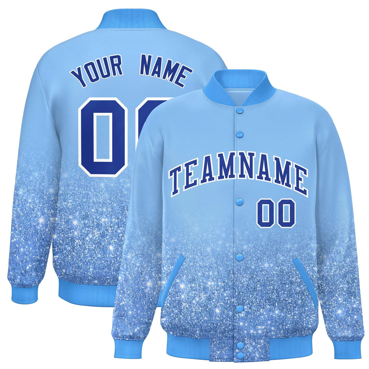Custom Light Blue Varsity Full-Snap Sparkle-Effect Pattern Letterman Baseball Jacket
