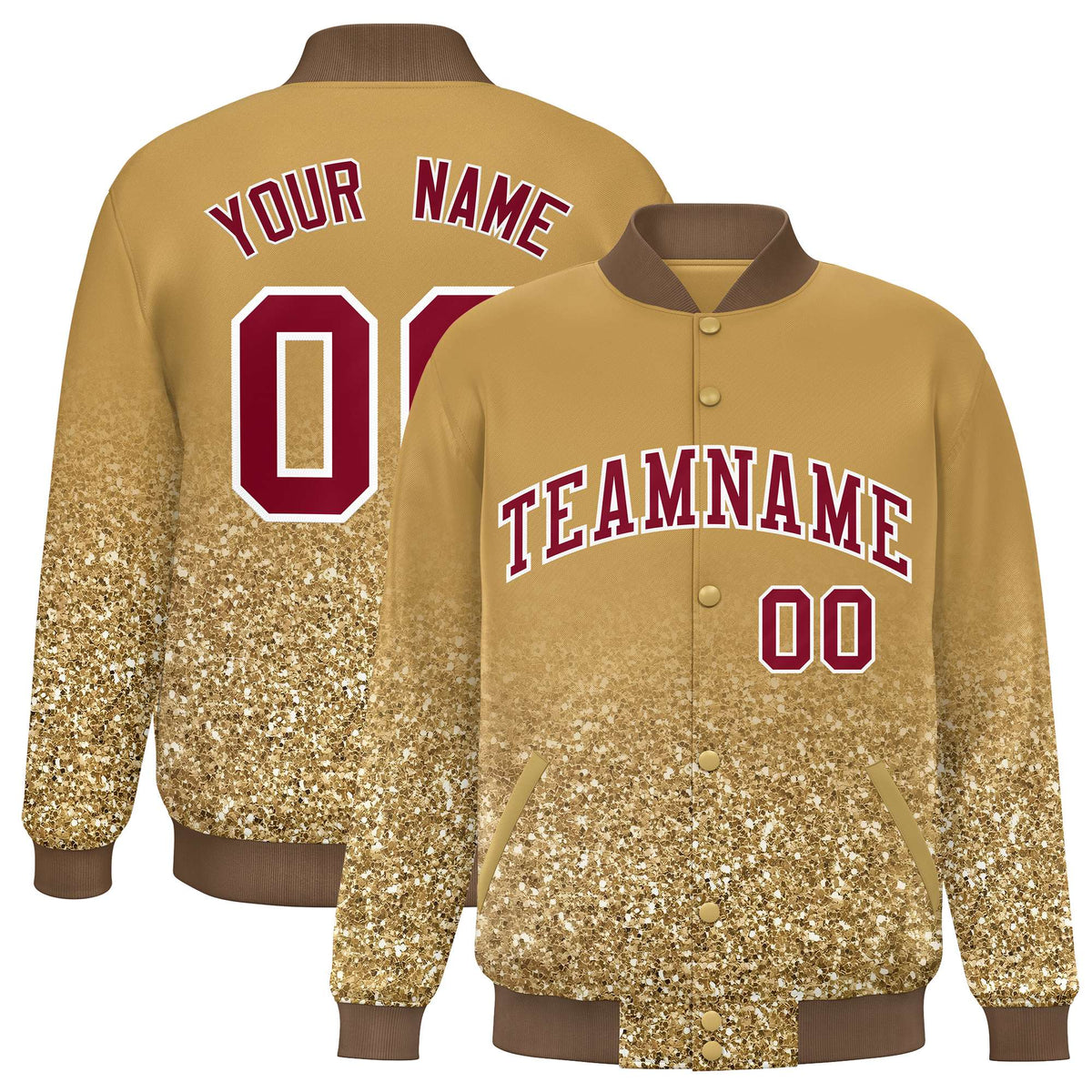 Custom Old Gold Varsity Full-Snap Sparkle-Effect Pattern Letterman Baseball Jacket