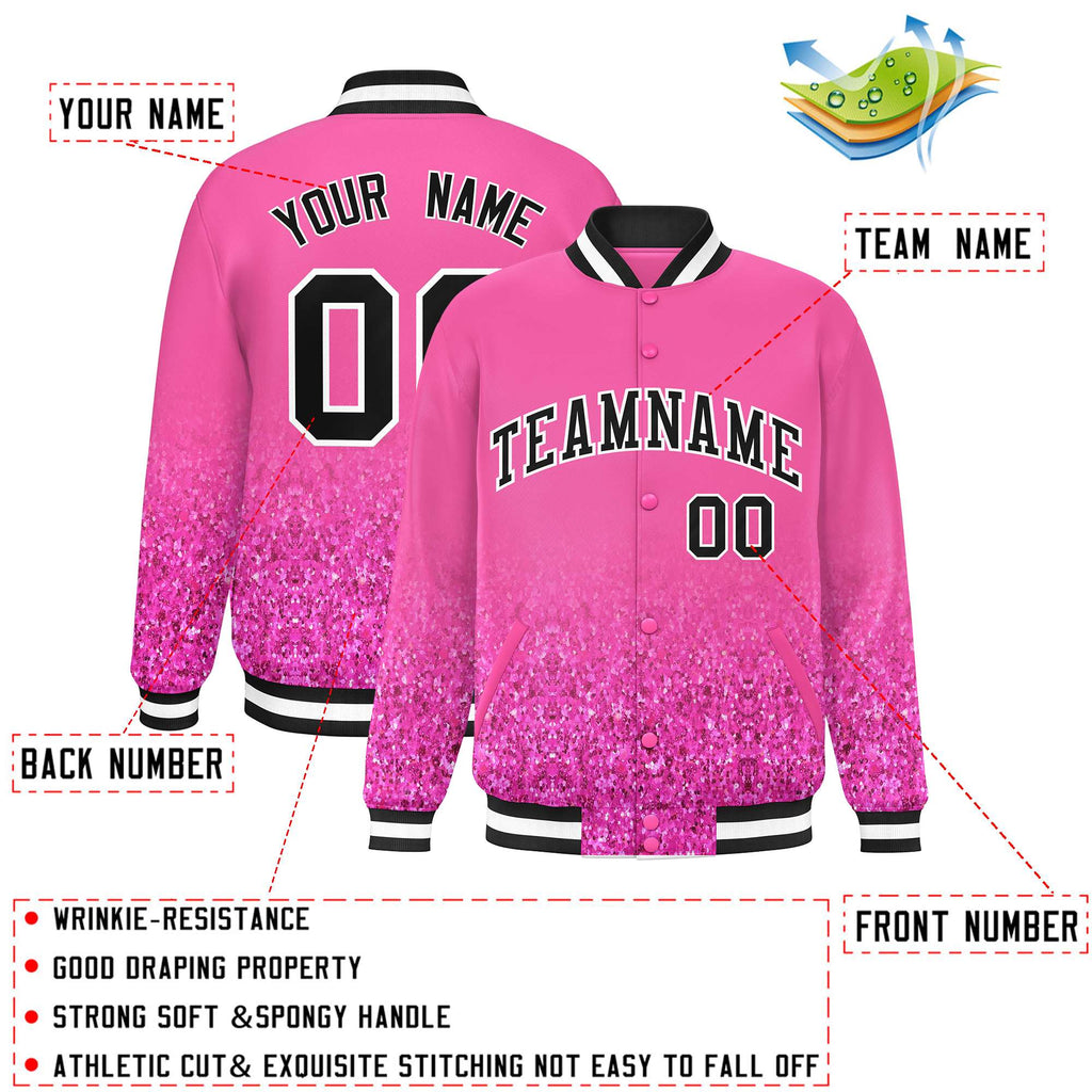 Custom Pink Varsity Full-Snap Sparkle-Effect Pattern Letterman Baseball Jacket