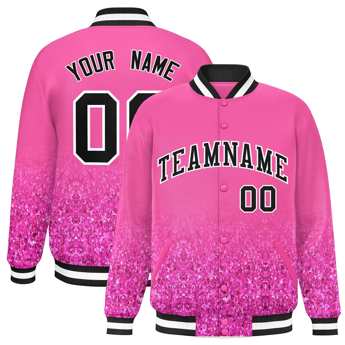 Custom Pink Varsity Full-Snap Sparkle-Effect Pattern Letterman Baseball Jacket