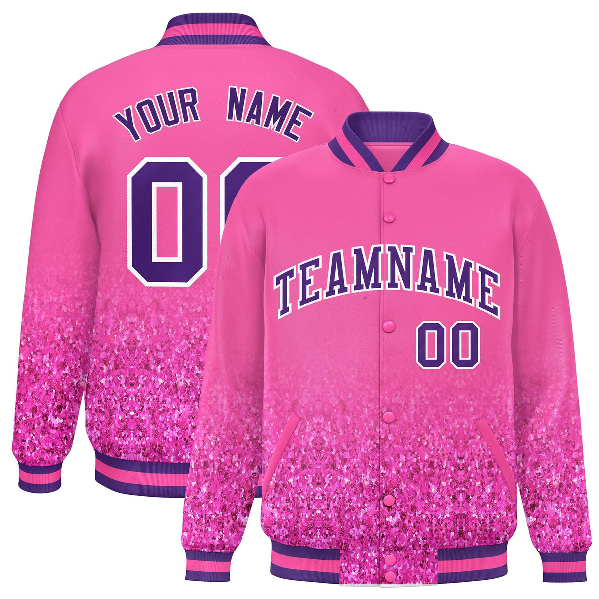 Custom Pink Varsity Full-Snap Sparkle-Effect Pattern Letterman Baseball Jacket