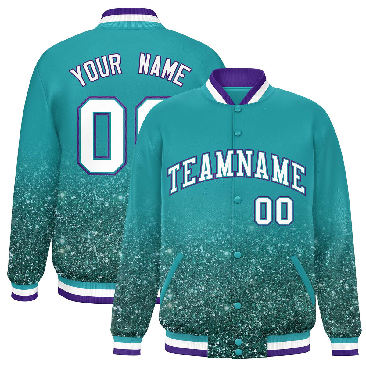 Custom Aqua Varsity Full-Snap Sparkle-Effect Pattern Letterman Baseball Jacket