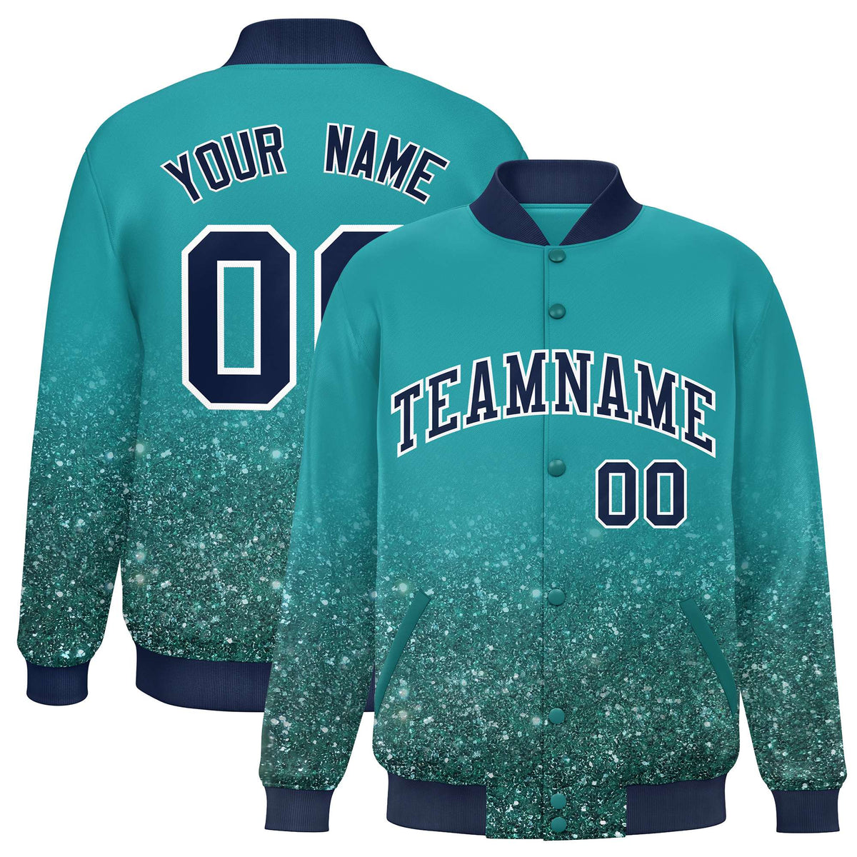 Custom Aqua Varsity Full-Snap Sparkle-Effect Pattern Letterman Baseball Jacket