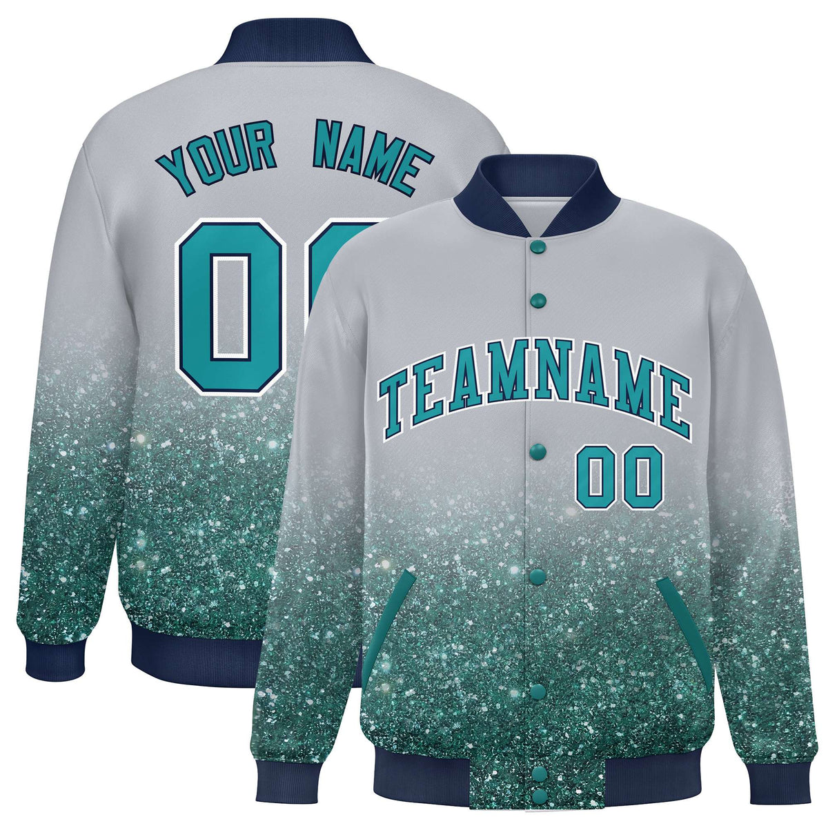 Custom Gray Varsity Full-Snap Sparkle-Effect Pattern Letterman Baseball Jacket