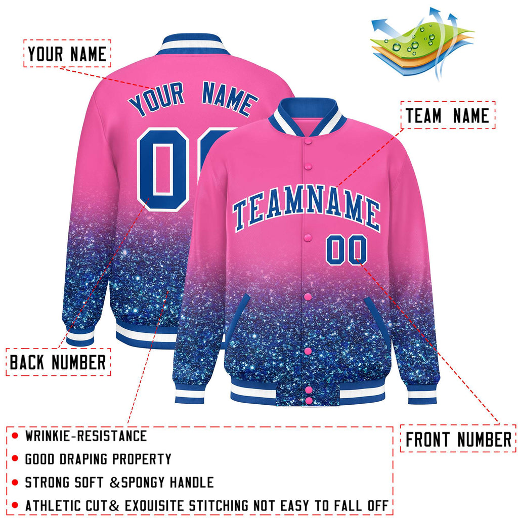Custom Pink Varsity Full-Snap Sparkle-Effect Pattern Letterman Baseball Jacket