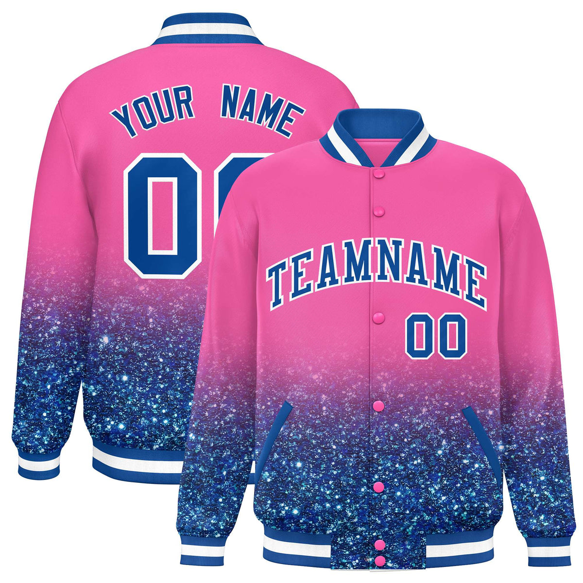 Custom Pink Varsity Full-Snap Sparkle-Effect Pattern Letterman Baseball Jacket