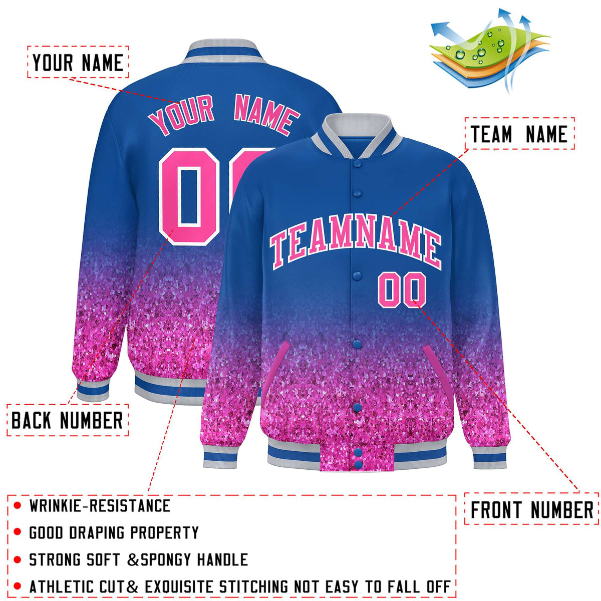 Custom Royal Varsity Full-Snap Sparkle-Effect Pattern Letterman Baseball Jacket