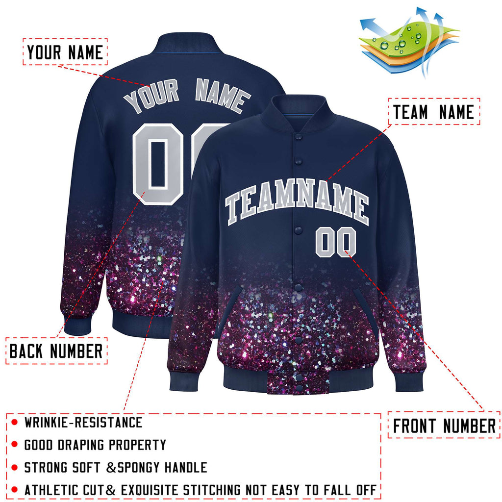 Custom Navy Varsity Full-Snap Sparkle-Effect Pattern Letterman Baseball Jacket
