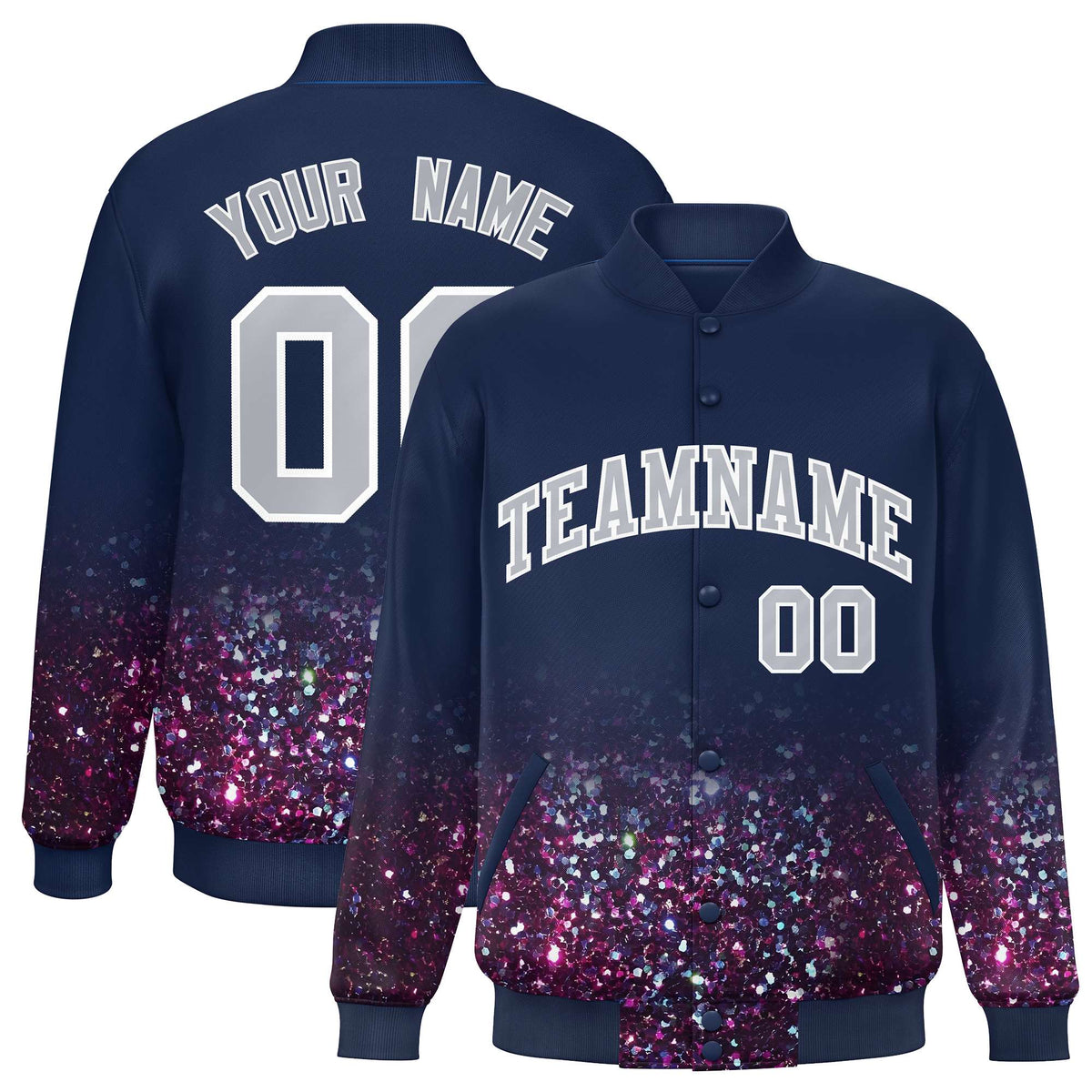 Custom Navy Varsity Full-Snap Sparkle-Effect Pattern Letterman Baseball Jacket