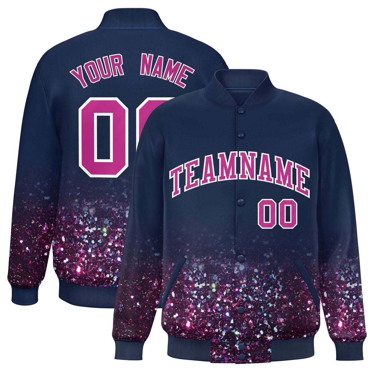 Custom Navy Varsity Full-Snap Sparkle-Effect Pattern Letterman Baseball Jacket