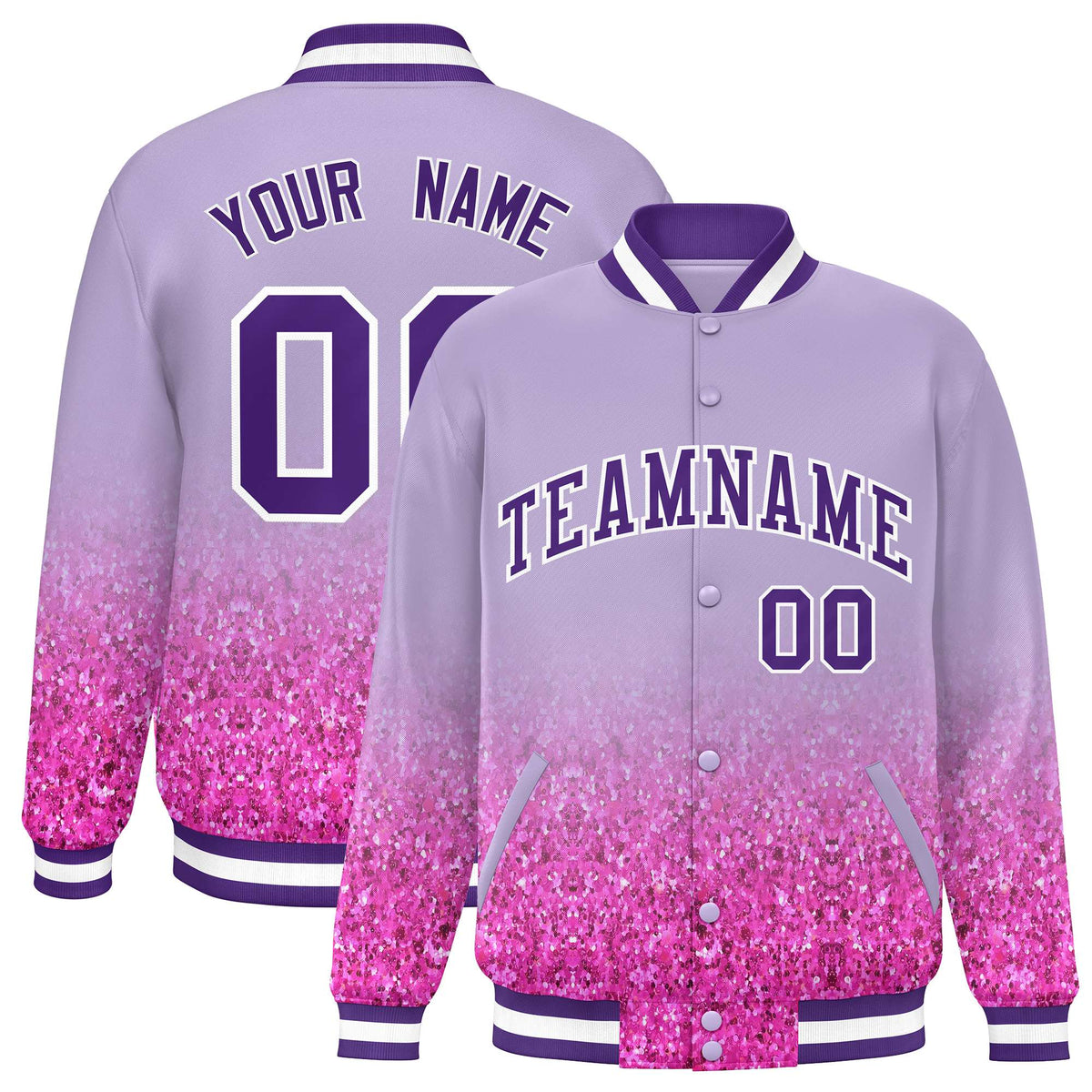 Custom Light Purple Varsity Full-Snap Sparkle-Effect Pattern Letterman Baseball Jacket
