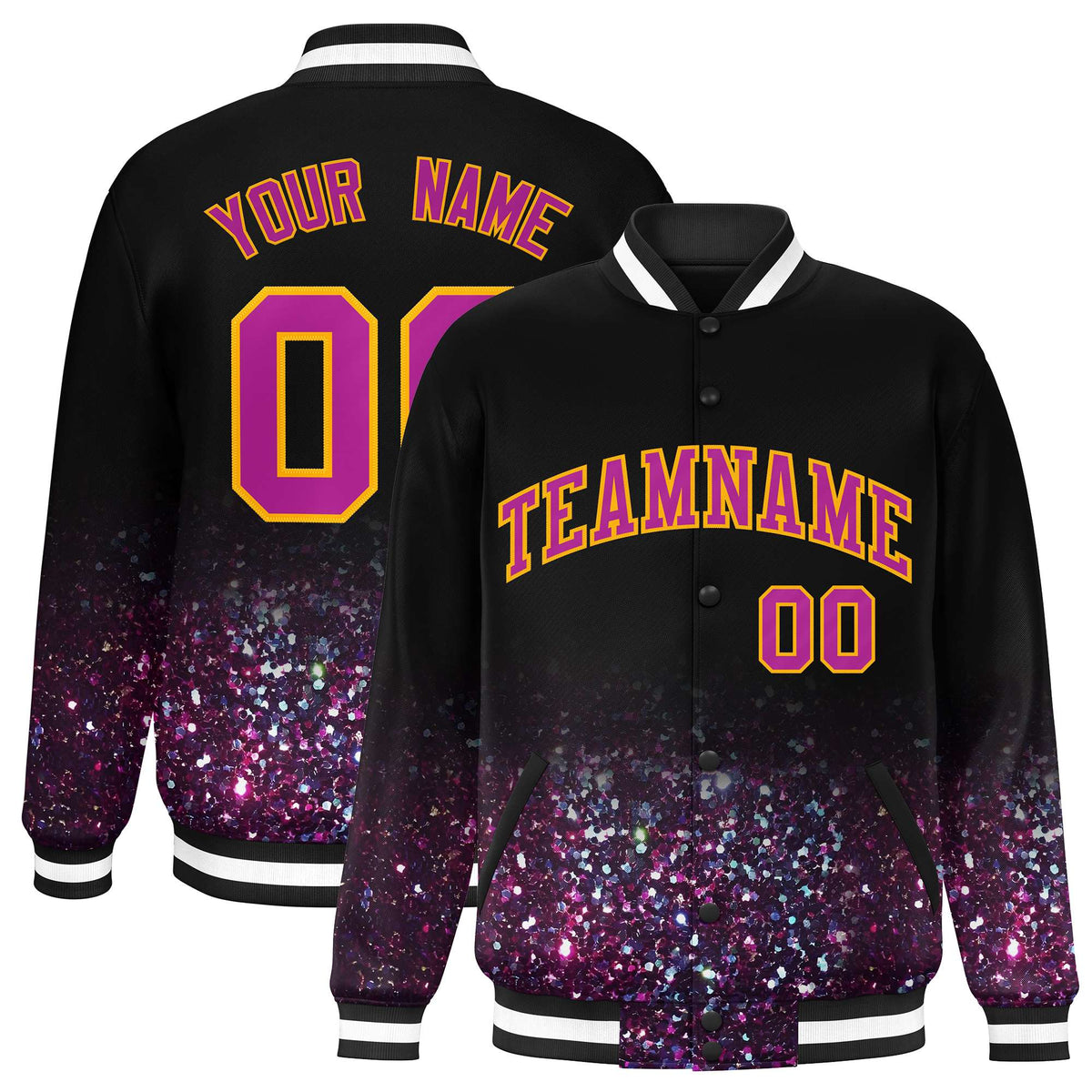Custom Black Varsity Full-Snap Sparkle-Effect Pattern Letterman Baseball Jacket