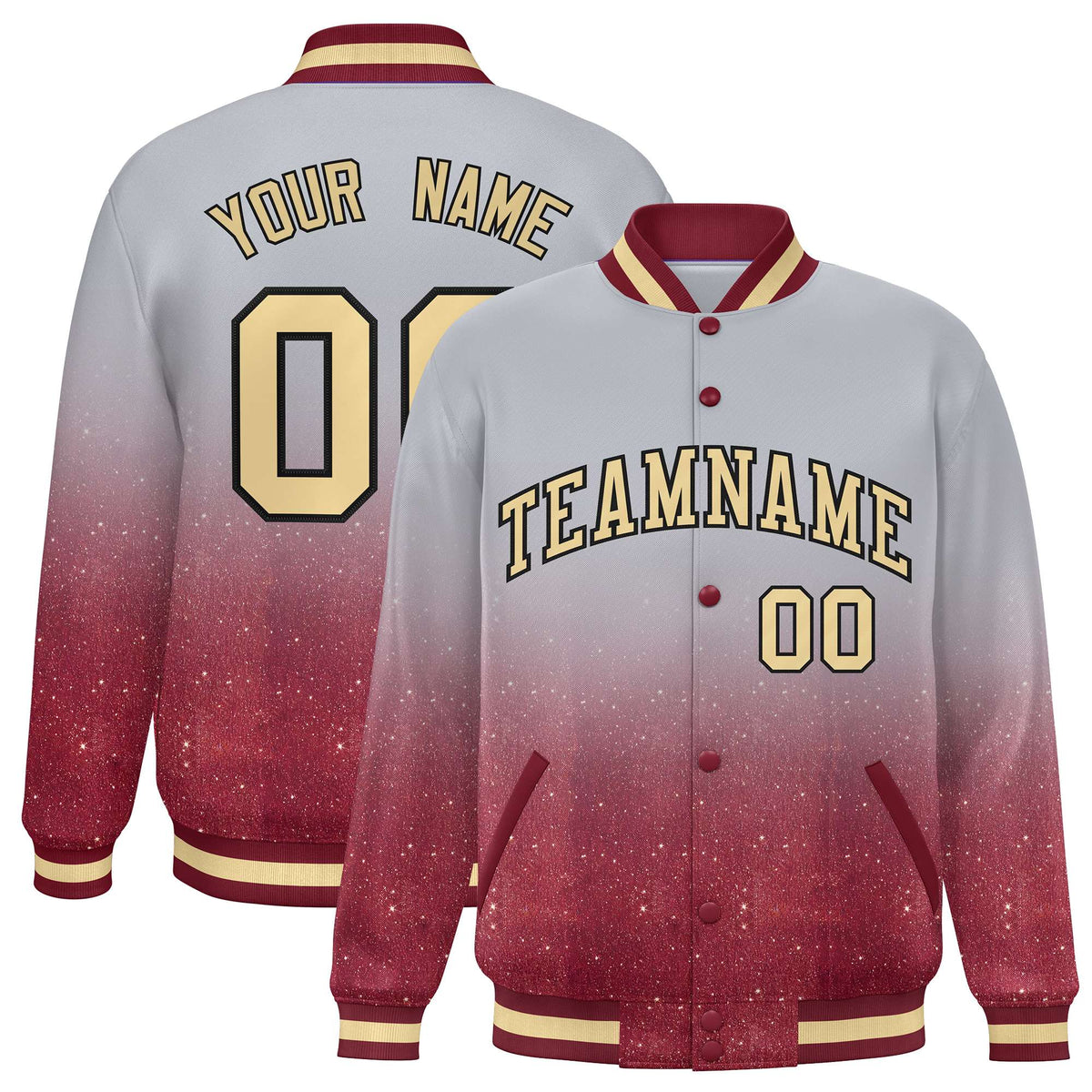 Custom Gray Varsity Full-Snap Sparkle-Effect Pattern Letterman Baseball Jacket