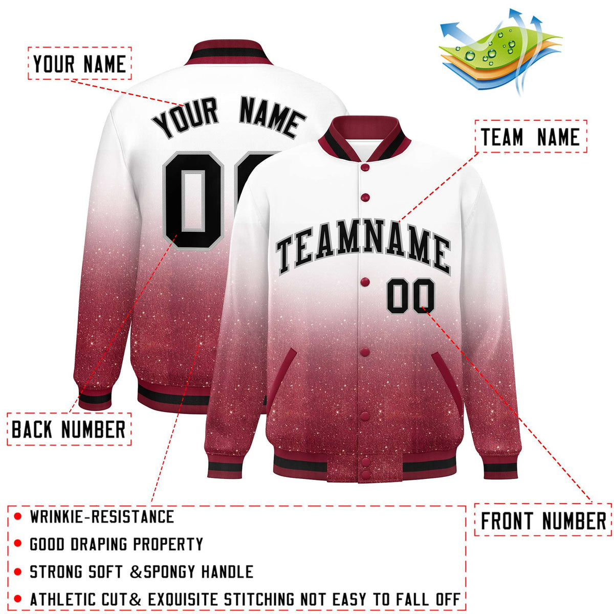 Custom White Varsity Full-Snap Sparkle-Effect Pattern Letterman Baseball Jacket