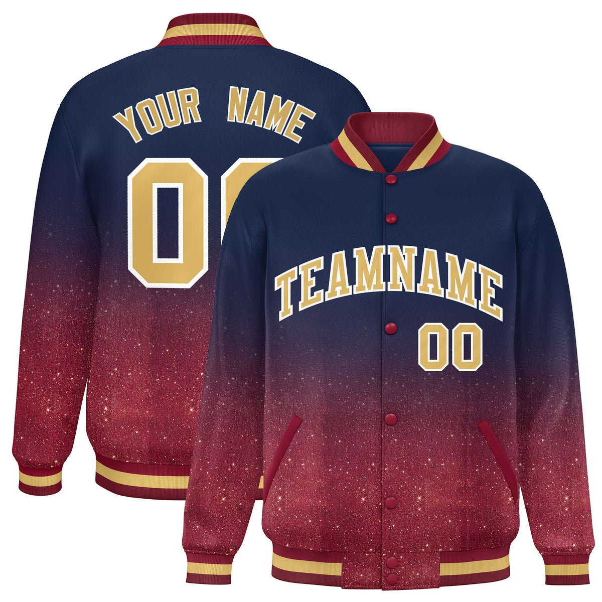 Custom Navy Varsity Full-Snap Sparkle-Effect Pattern Letterman Baseball Jacket