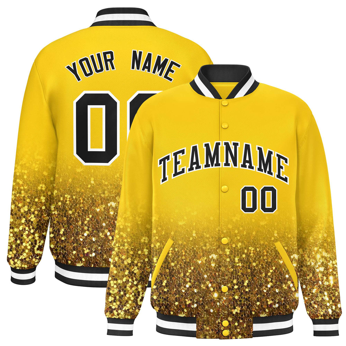 Custom Gold Varsity Full-Snap Sparkle-Effect Pattern Letterman Baseball Jacket