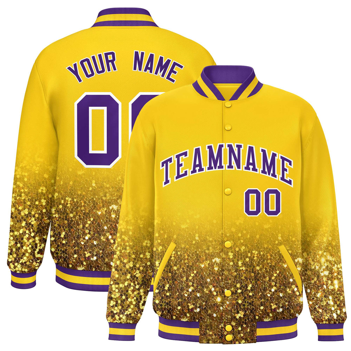 Custom Gold Varsity Full-Snap Sparkle-Effect Pattern Letterman Baseball Jacket