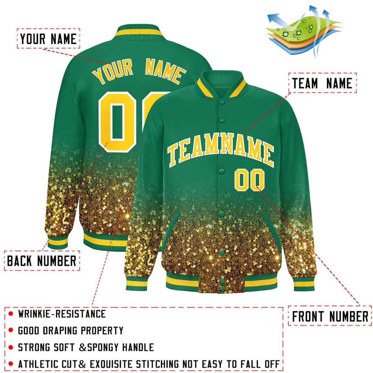 Custom Teal Varsity Full-Snap Sparkle-Effect Pattern Letterman Baseball Jacket