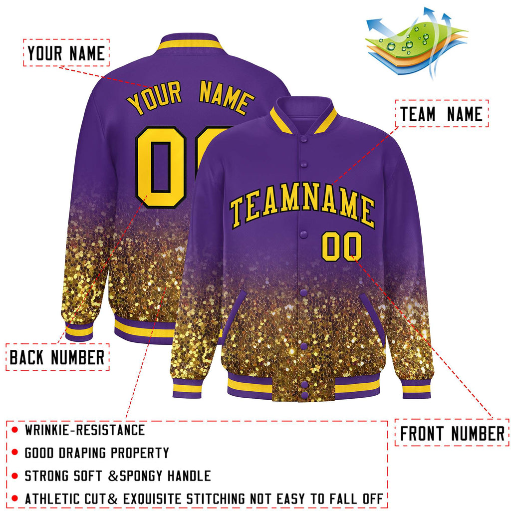 Custom Purple Varsity Full-Snap Sparkle-Effect Pattern Letterman Baseball Jacket