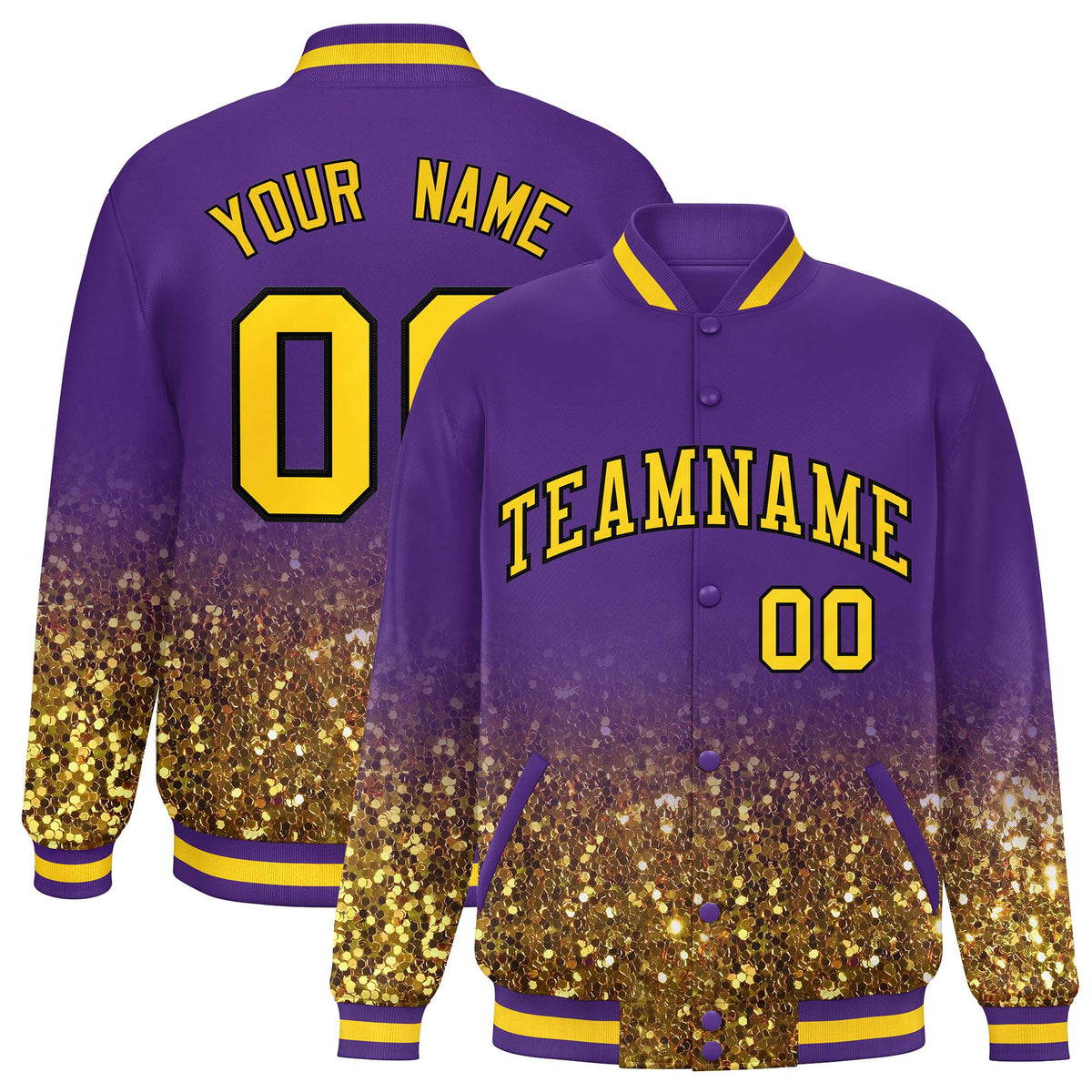 Custom Purple Varsity Full-Snap Sparkle-Effect Pattern Letterman Baseball Jacket