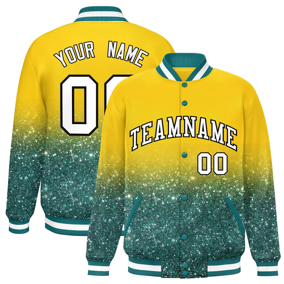 Custom Gold Varsity Full-Snap Sparkle-Effect Pattern Letterman Baseball Jacket