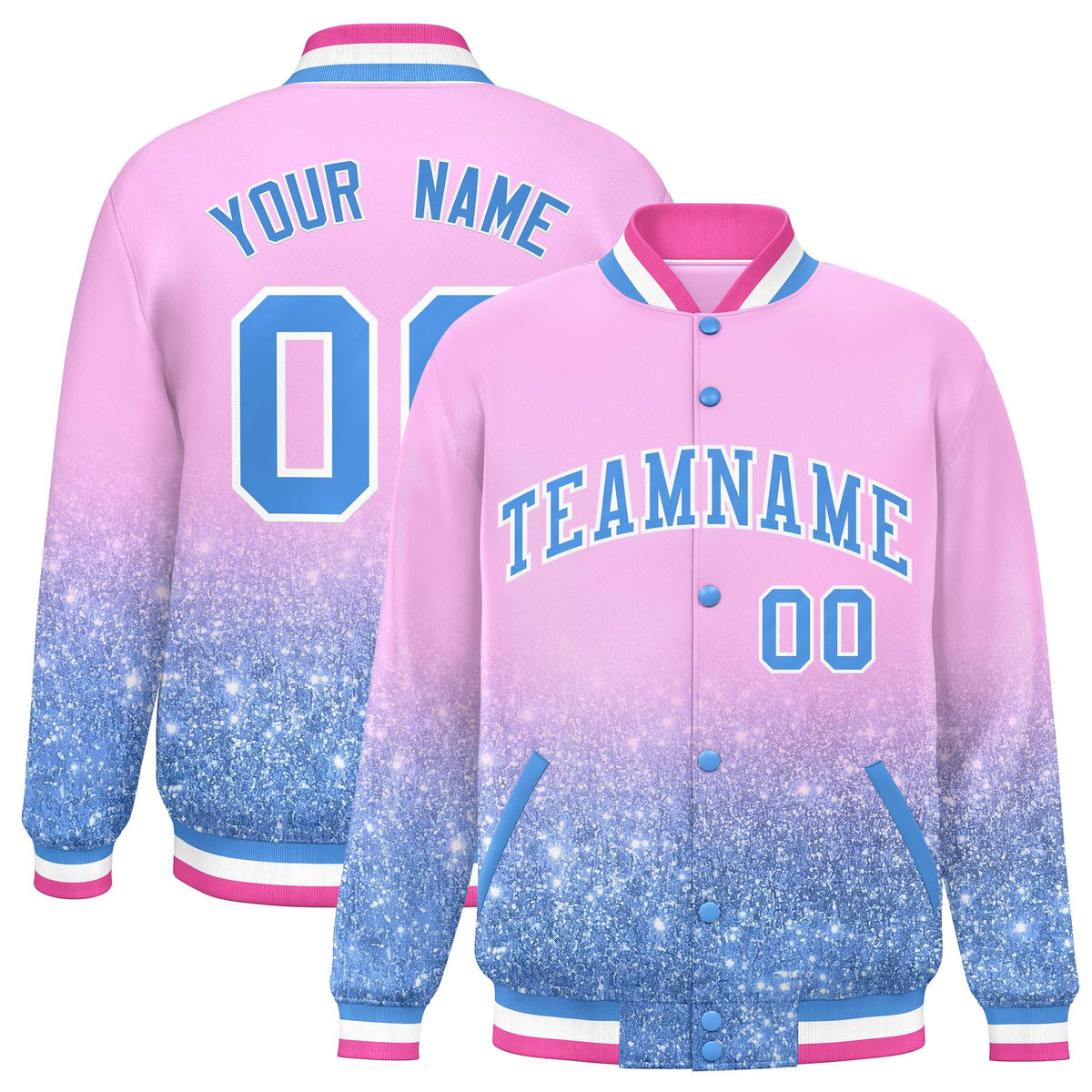Custom Light Pink Varsity Full-Snap Sparkle-Effect Pattern Letterman Baseball Jacket
