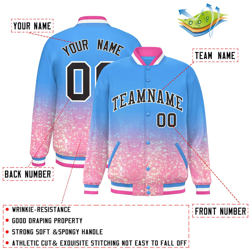 Custom Powder Blue Varsity Full-Snap Sparkle-Effect Pattern Letterman Baseball Jacket