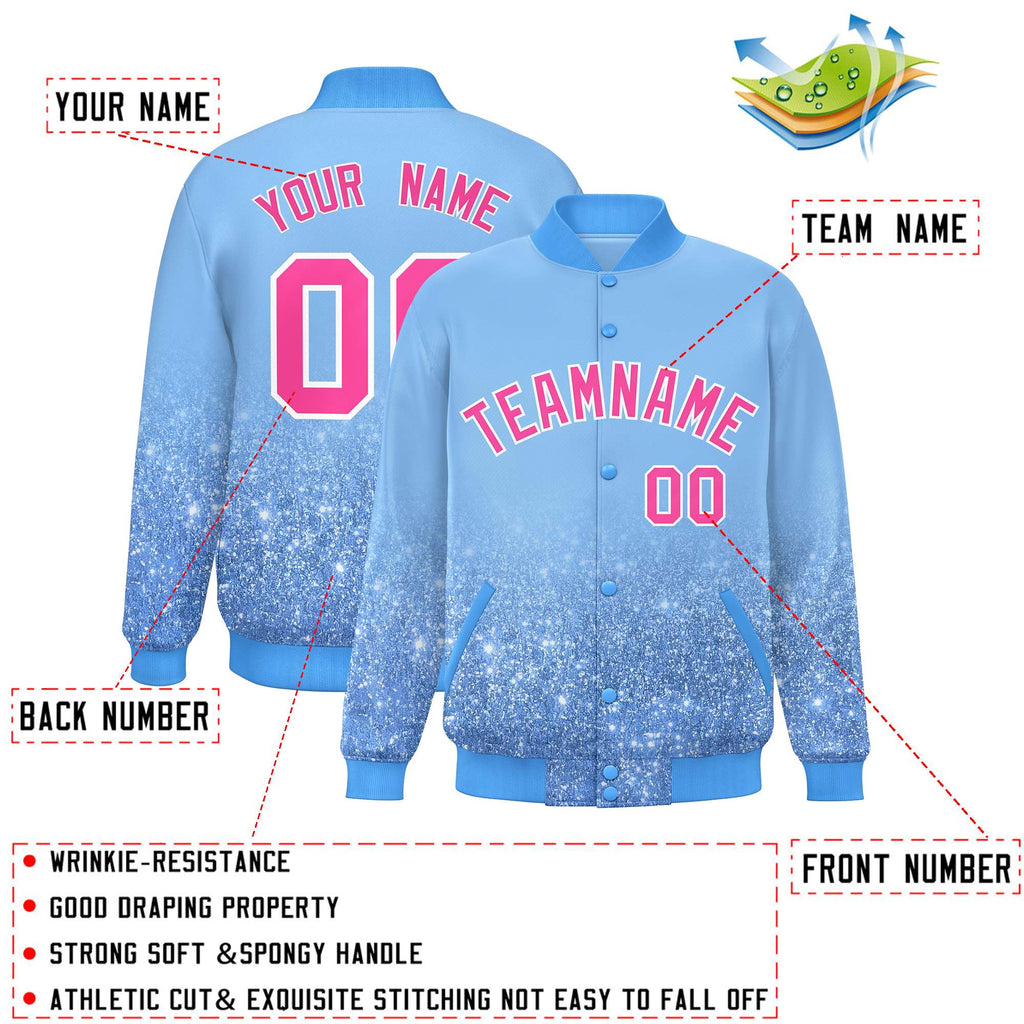 Custom Light Blue Varsity Full-Snap Sparkle-Effect Pattern Letterman Baseball Jacket