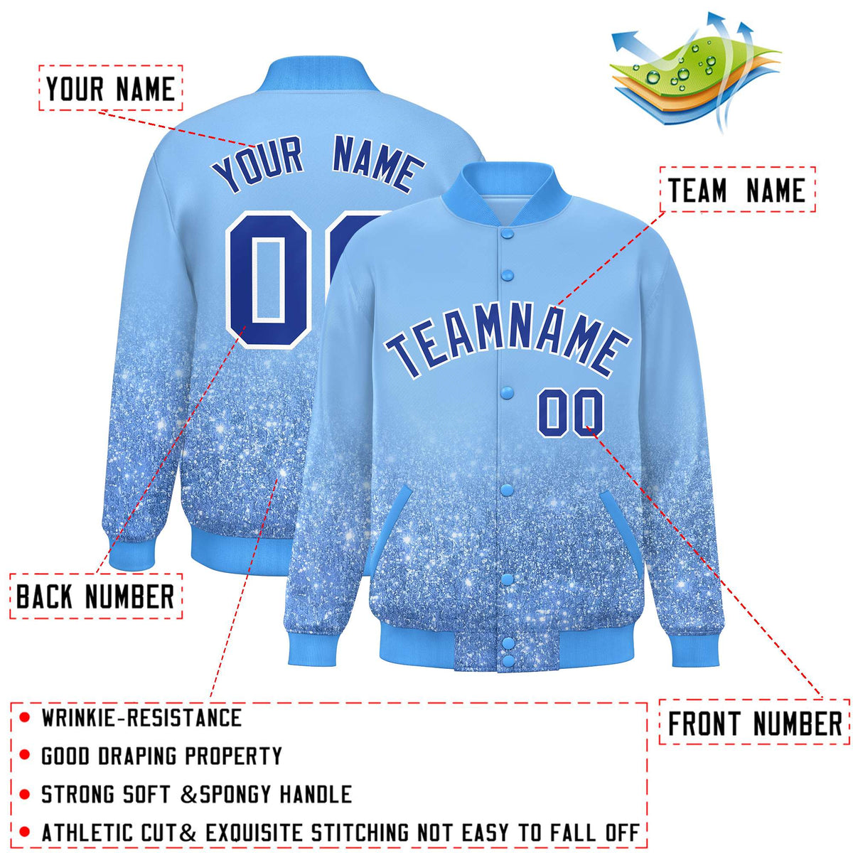 Custom Light Blue Varsity Full-Snap Sparkle-Effect Pattern Letterman Baseball Jacket