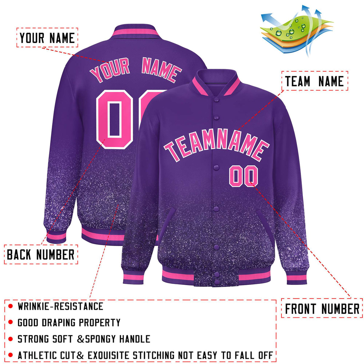 Custom Purple Varsity Full-Snap Sparkle-Effect Pattern Letterman Baseball Jacket