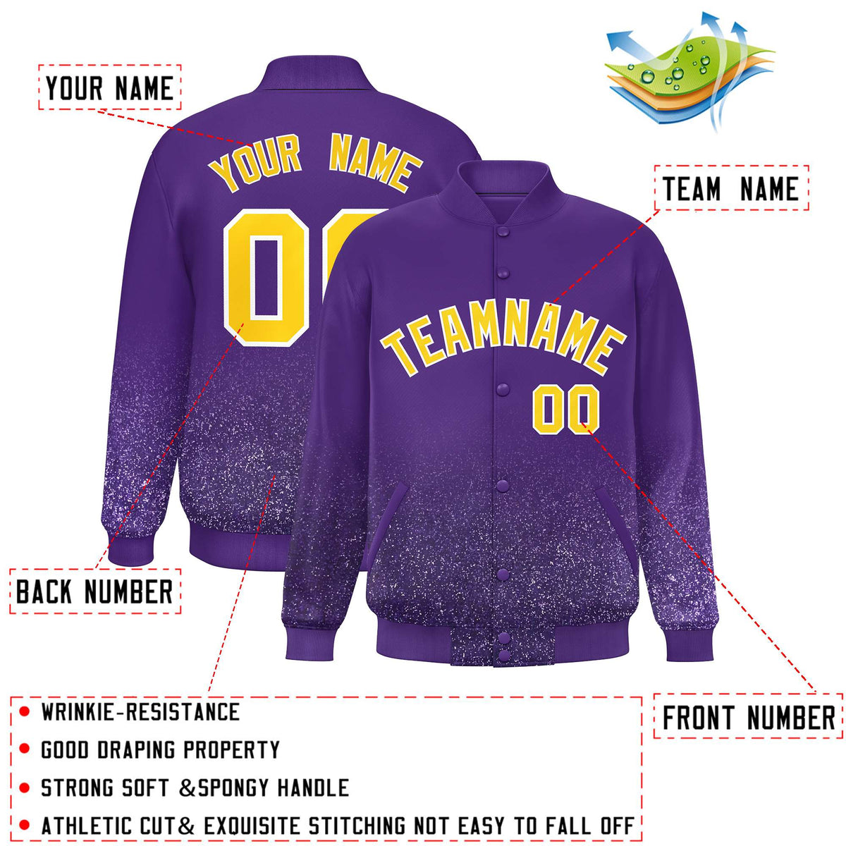 Custom Purple Varsity Full-Snap Sparkle-Effect Pattern Letterman Baseball Jacket