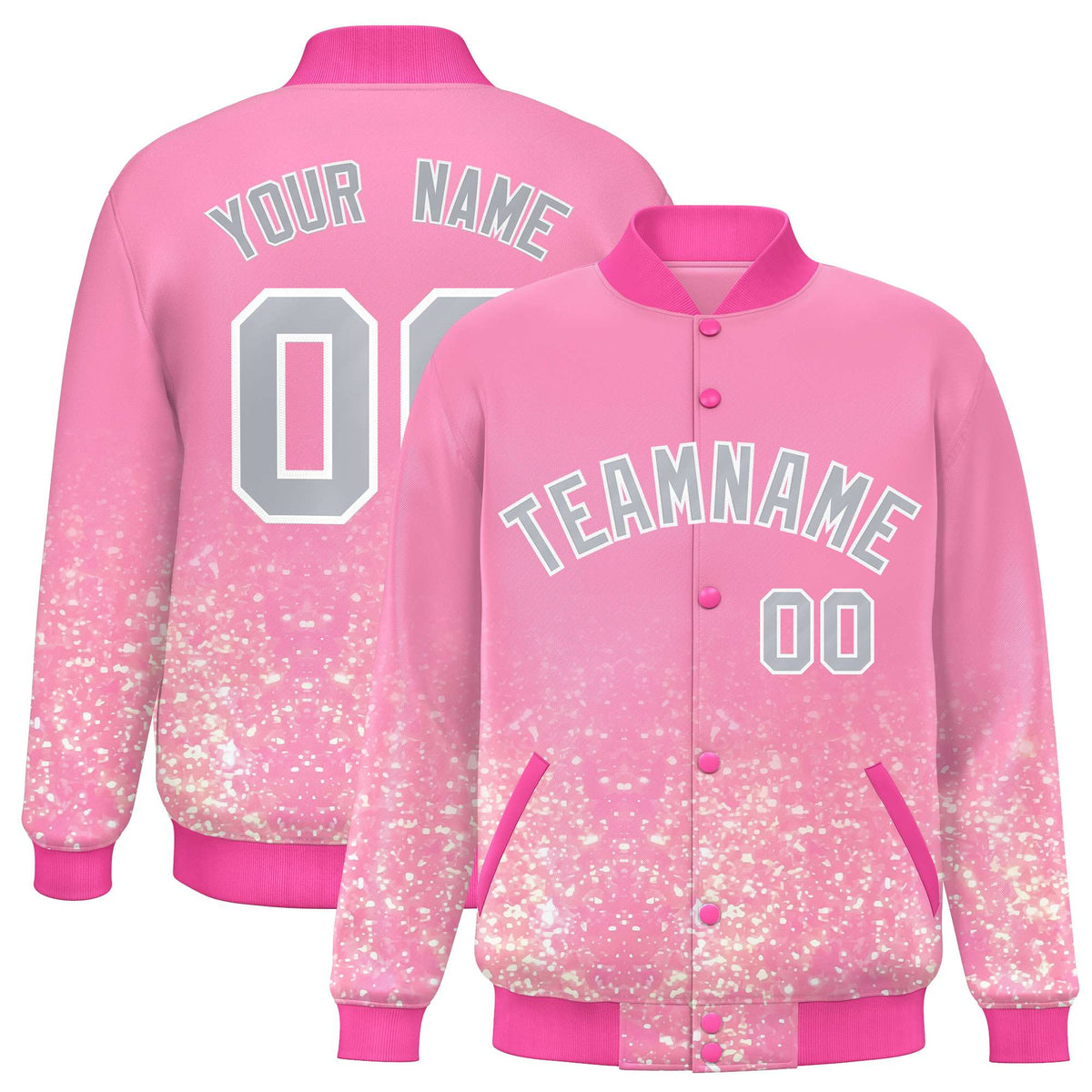 Custom Light Pink Varsity Full-Snap Sparkle-Effect Pattern Letterman Baseball Jacket