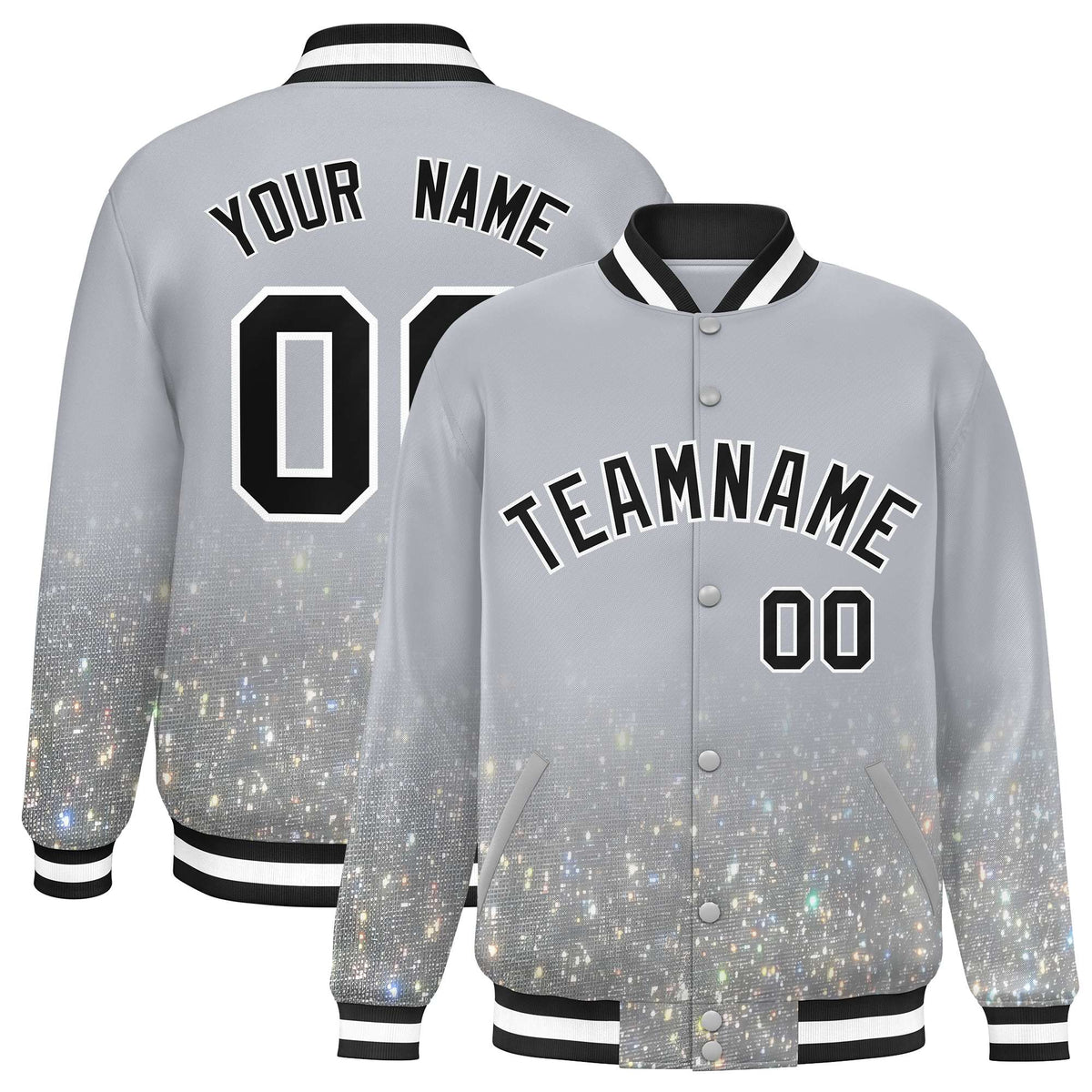 Custom Gray Varsity Full-Snap Sparkle-Effect Pattern Letterman Baseball Jacket