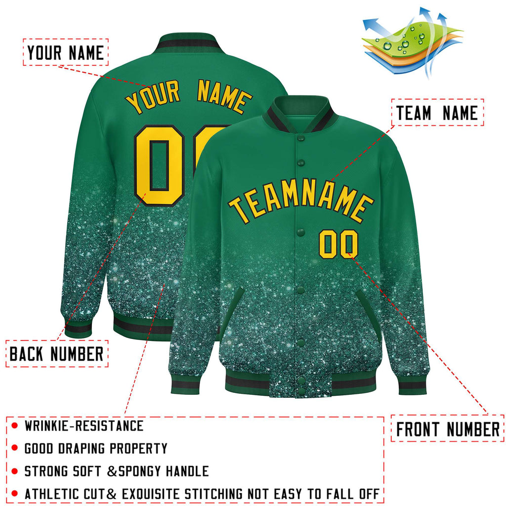 Custom Kelly Green Varsity Full-Snap Sparkle-Effect Pattern Letterman Baseball Jacket