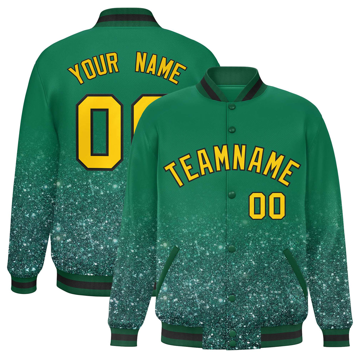 Custom Kelly Green Varsity Full-Snap Sparkle-Effect Pattern Letterman Baseball Jacket